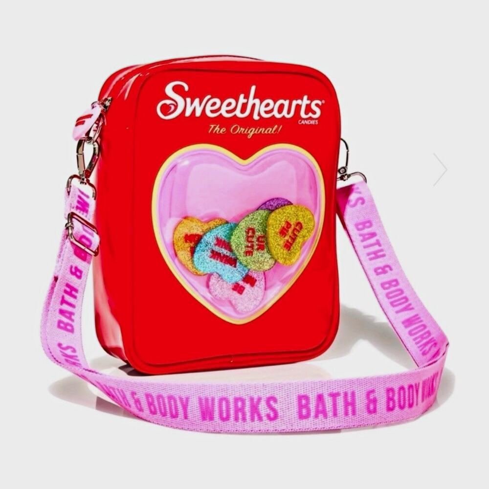 Bath & Body Works Sweethearts Red Crossbody Bag Heart Window Pink Strap Zip